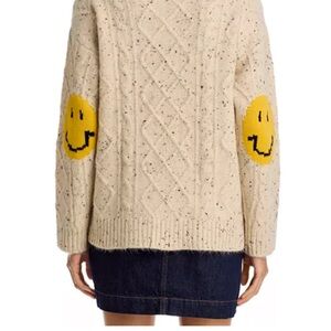 Bloomingdale’s Aqua Speckled Cream Sweater with Yellow Smiley Patches